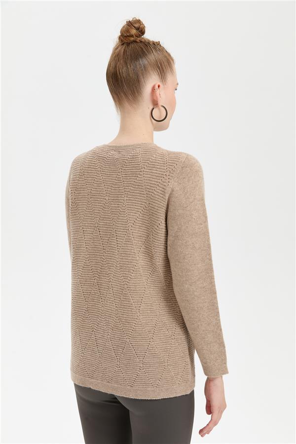 Womens Crew Neck Seamless Wool Cardigan Dark Beige