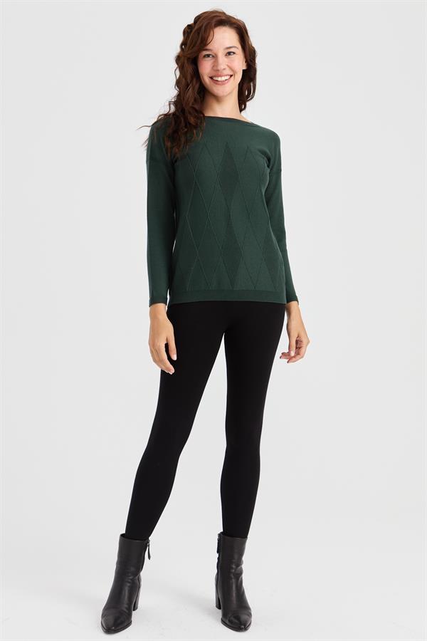 Женский вязаный свитер с круглым вырезом спереди и ромбовидными узорами