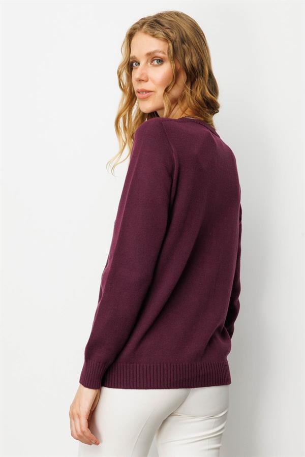 Kadın Sıfır Yaka Önü Baklavalı Nakış İşlemeli Hırka Mürdüm