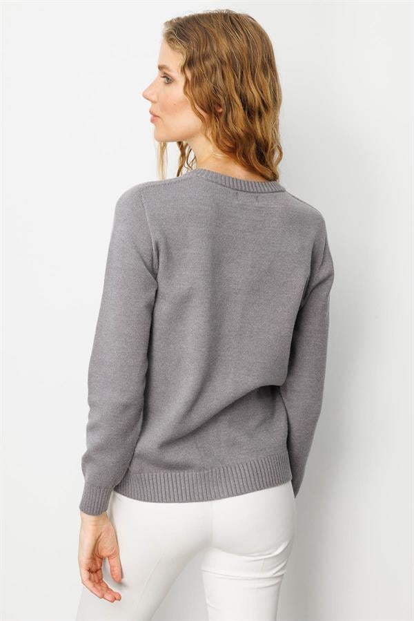 Kadın Sıfır Yaka Önü Baklavalı Nakış İşlemeli Hırka Füme