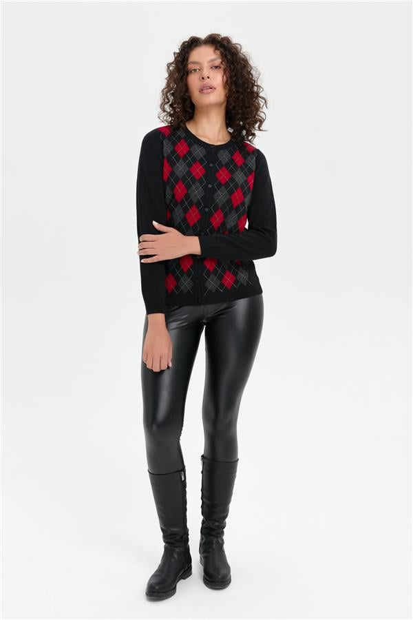 Kadın Sıfır Yaka Önü Baklavalı Yün Hırka Siyah