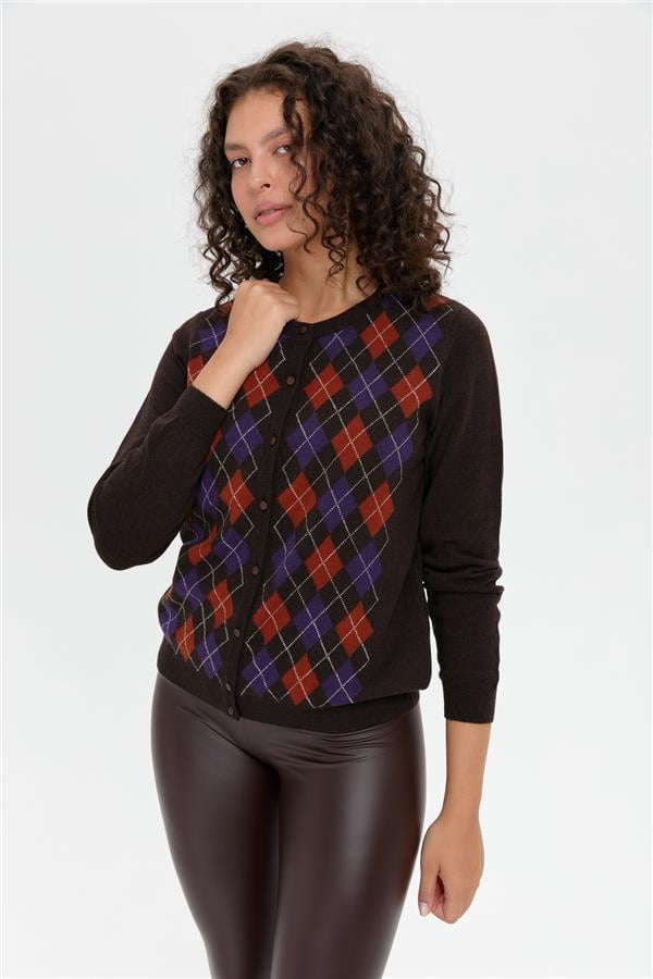 Kadın Sıfır Yaka Önü Baklavalı Yün Hırka K.Kahve