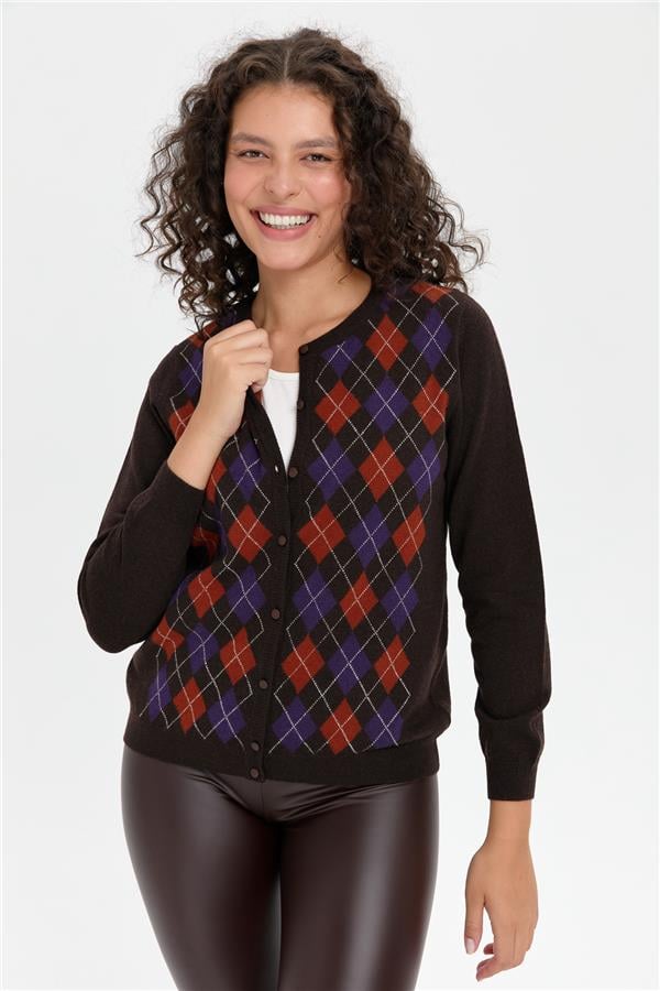 Kadın Sıfır Yaka Önü Baklavalı Yün Hırka K.Kahve