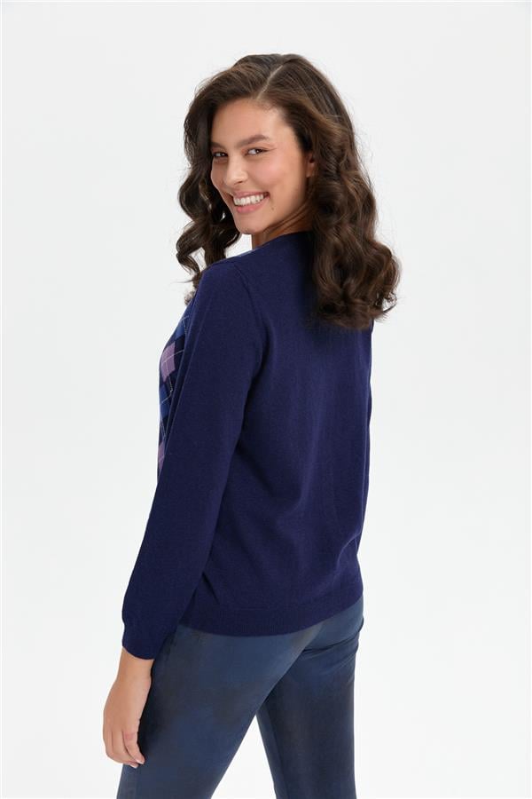 Kadın Sıfır Yaka Önü Baklavalı Yün Hırka Y.A Lacivert