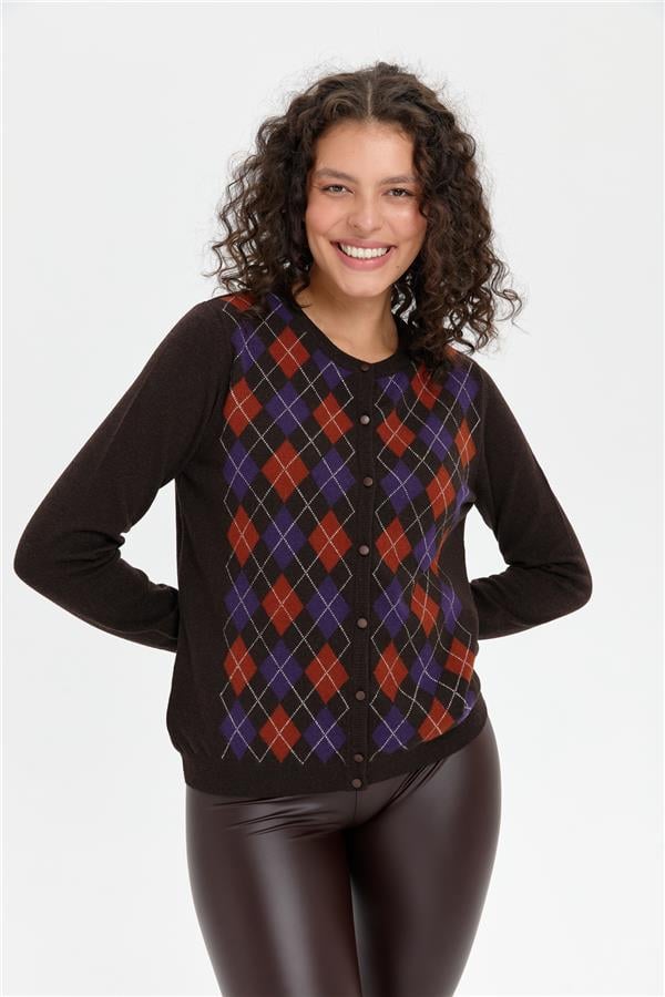 Kadın Sıfır Yaka Önü Baklavalı Yün Hırka K.Kahve