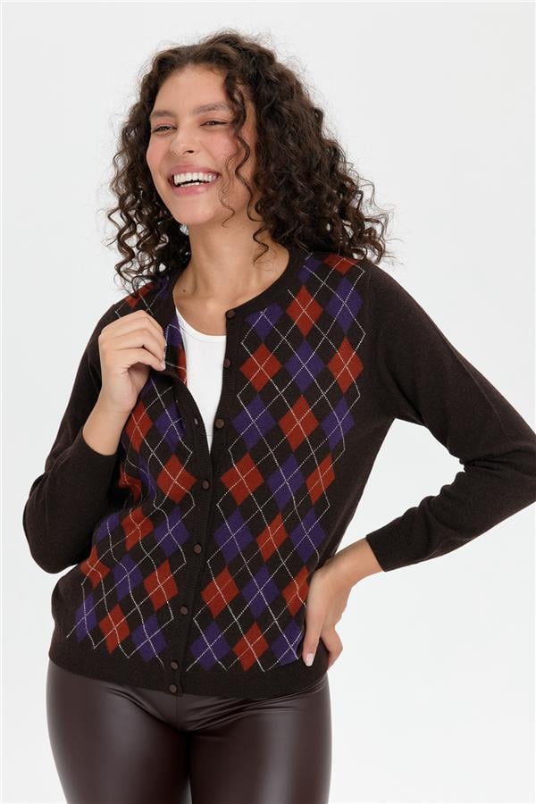 Kadın Sıfır Yaka Önü Baklavalı Yün Hırka K.Kahve