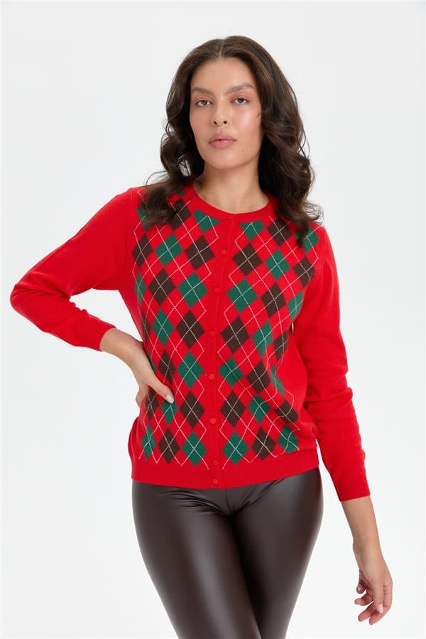 Kadın Sıfır Yaka Önü Baklavalı Yün Hırka Mercan