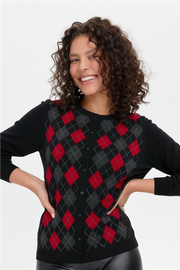 Kadın Sıfır Yaka Önü Baklavalı Yün Hırka Siyah