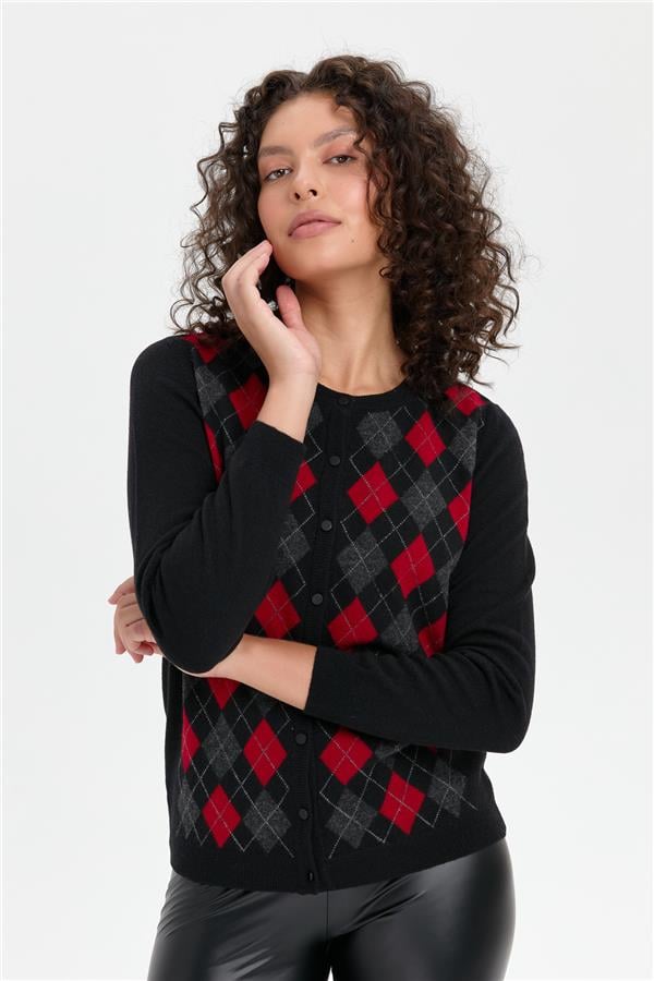 Kadın Sıfır Yaka Önü Baklavalı Yün Hırka Siyah