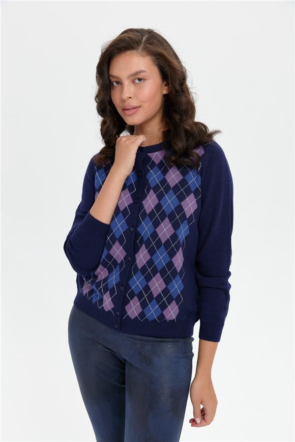 Kadın Sıfır Yaka Önü Baklavalı Yün Hırka Y.A Lacivert