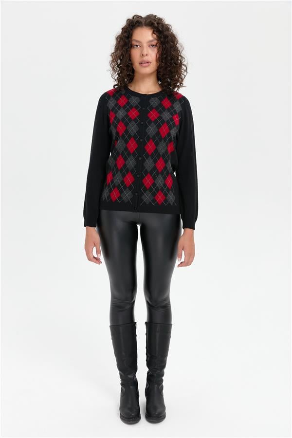 Kadın Sıfır Yaka Önü Baklavalı Yün Hırka Siyah