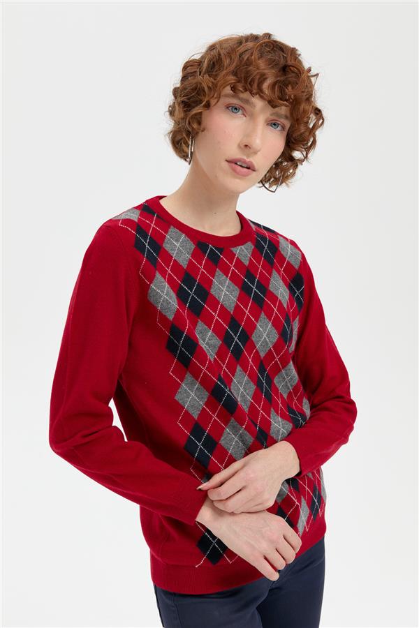 Kadın Sıfır Yaka Önü Baklavalı Yün Kazak K.Kırmızı