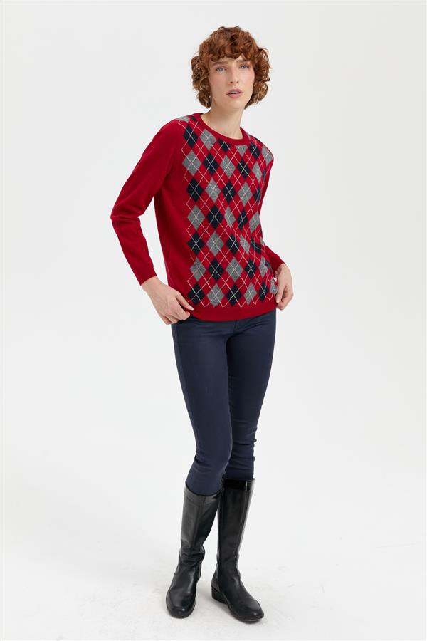 Kadın Sıfır Yaka Önü Baklavalı Yün Kazak K.Kırmızı