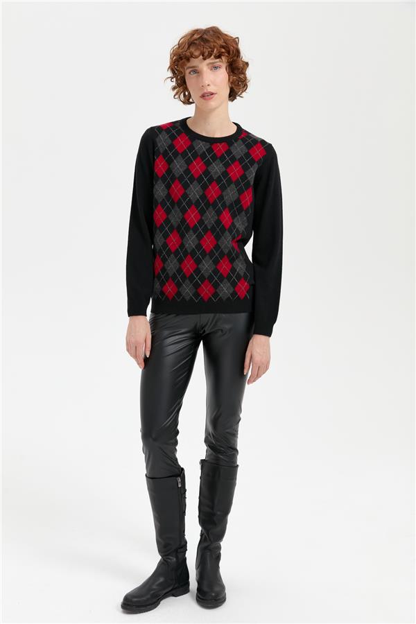 Kadın Sıfır Yaka Önü Baklavalı Yün Kazak Siyah