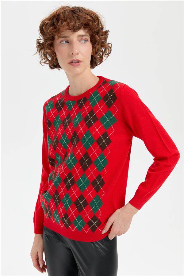 Kadın Sıfır Yaka Önü Baklavalı Yün Kazak Mercan