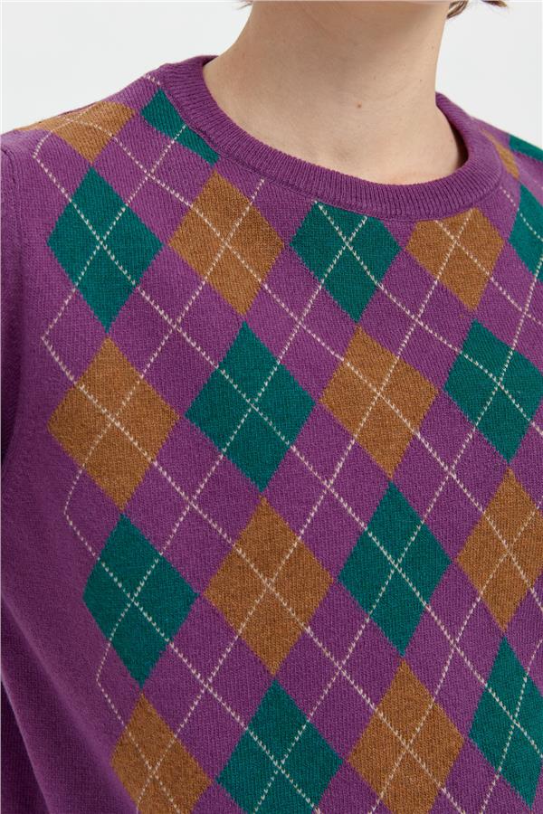 Kadın Sıfır Yaka Önü Baklavalı Yün Kazak A.Mor