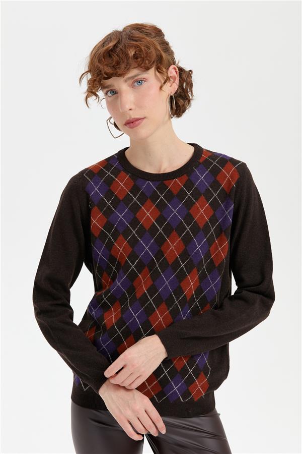 Kadın Sıfır Yaka Önü Baklavalı Yün Kazak K.Kahve