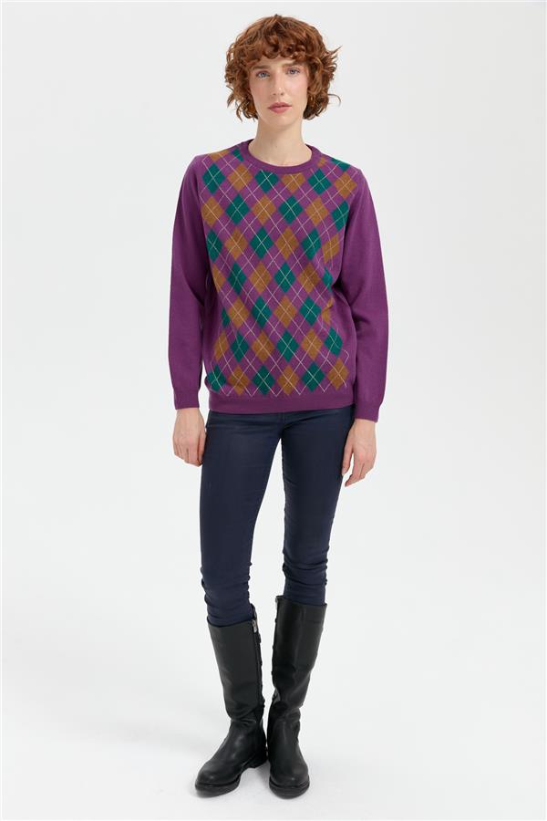 Kadın Sıfır Yaka Önü Baklavalı Yün Kazak A.Mor