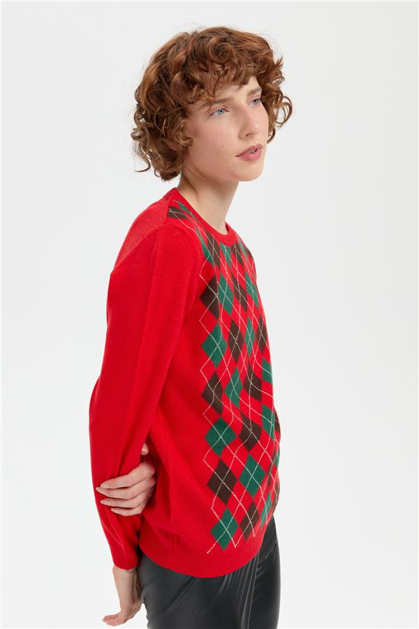 Kadın Sıfır Yaka Önü Baklavalı Yün Kazak Mercan