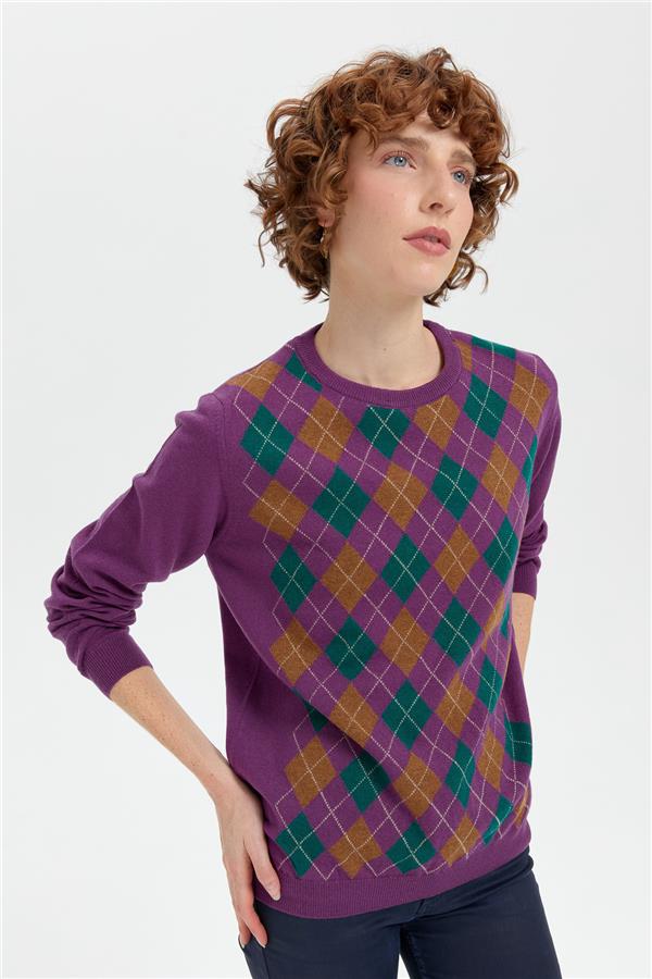 Kadın Sıfır Yaka Önü Baklavalı Yün Kazak A.Mor