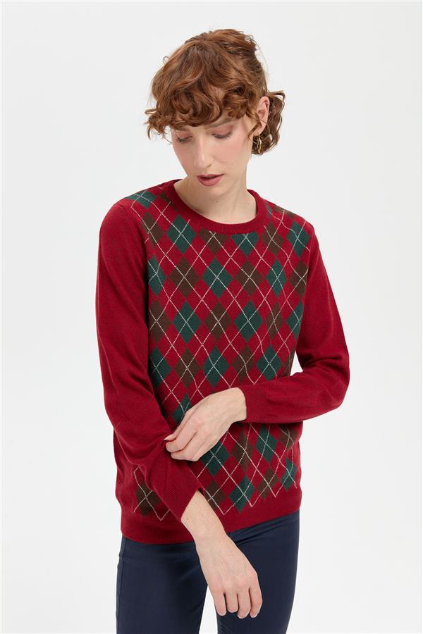 Kadın Sıfır Yaka Önü Baklavalı Yün Kazak V.Kırmızı