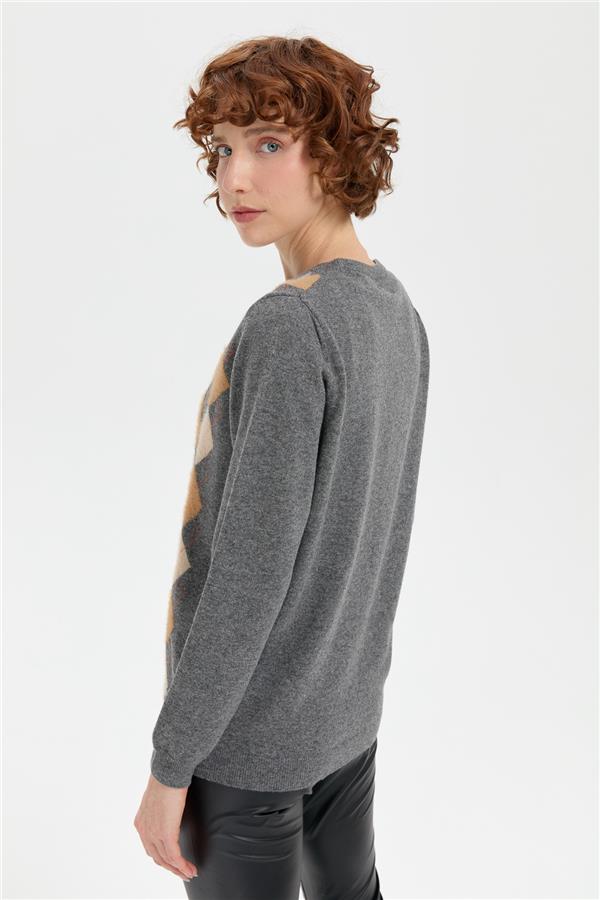 Kadın Sıfır Yaka Önü Baklavalı Yün Kazak Füme