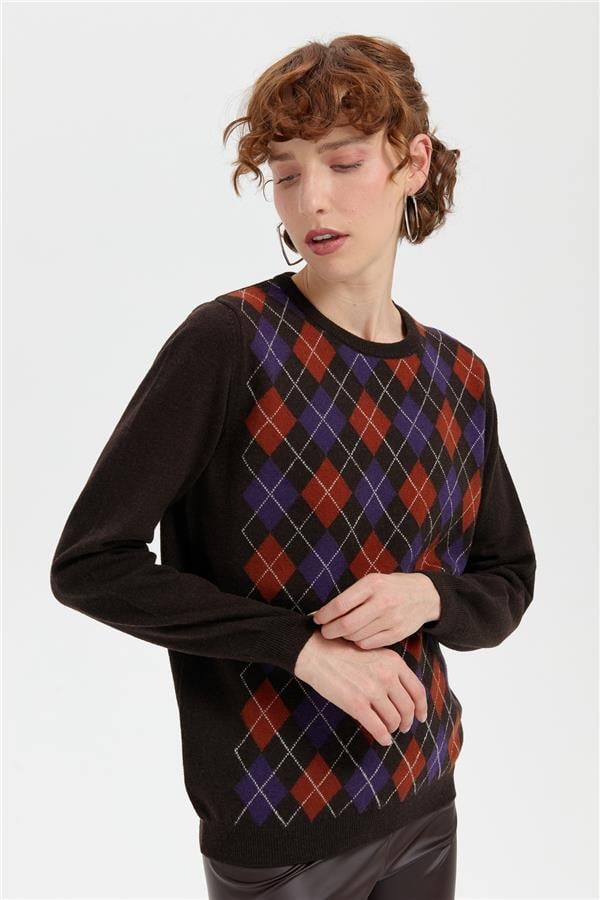 Kadın Sıfır Yaka Önü Baklavalı Yün Kazak K.Kahve