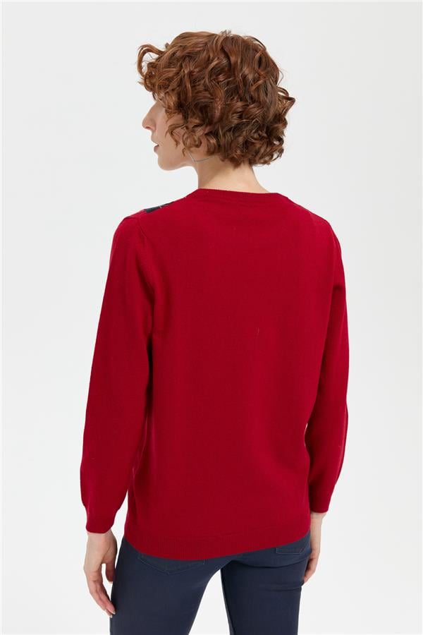 Kadın Sıfır Yaka Önü Baklavalı Yün Kazak K.Kırmızı