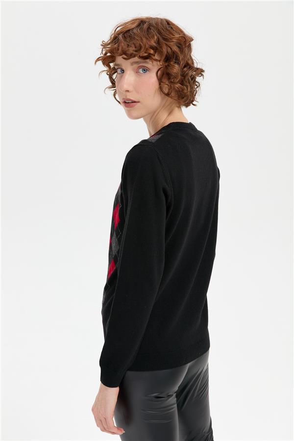 Kadın Sıfır Yaka Önü Baklavalı Yün Kazak Siyah