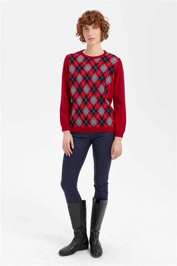 Kadın Sıfır Yaka Önü Baklavalı Yün Kazak K.Kırmızı