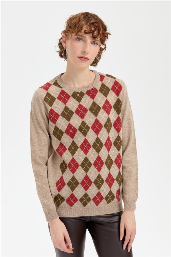 Kadın Sıfır Yaka Önü Baklavalı Yün Kazak K.Bej