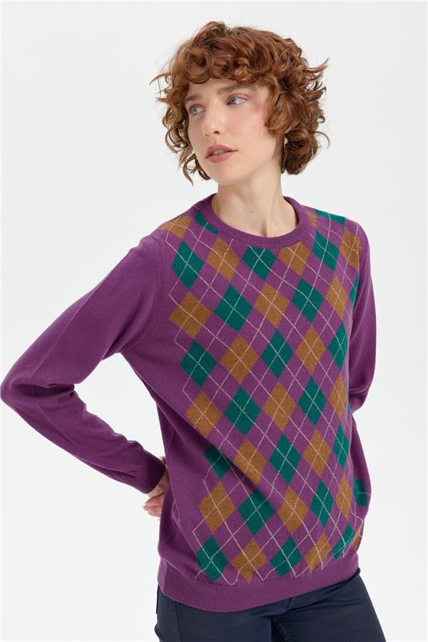 Kadın Sıfır Yaka Önü Baklavalı Yün Kazak A.Mor