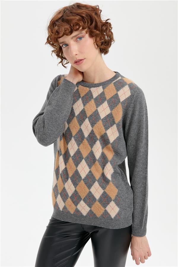 Kadın Sıfır Yaka Önü Baklavalı Yün Kazak Füme