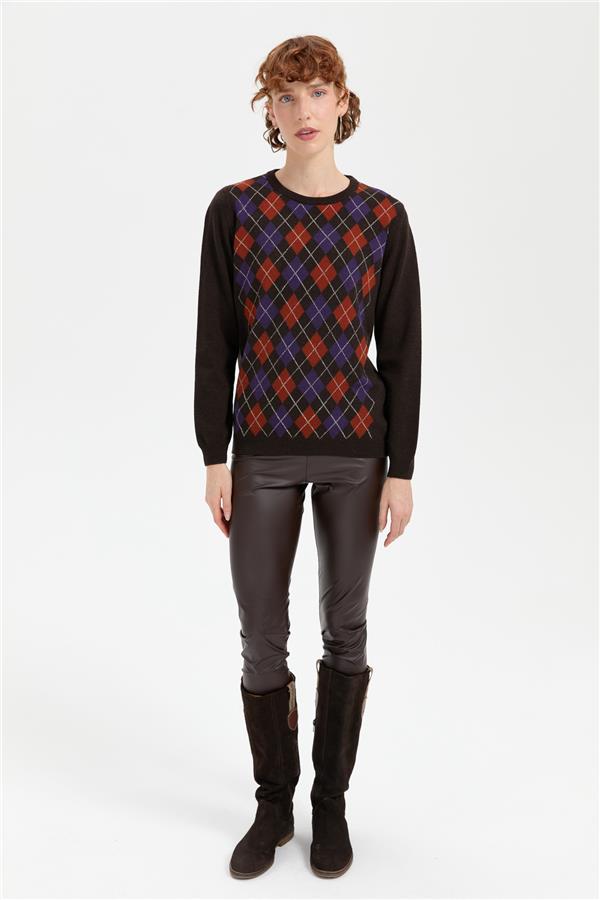 Kadın Sıfır Yaka Önü Baklavalı Yün Kazak K.Kahve