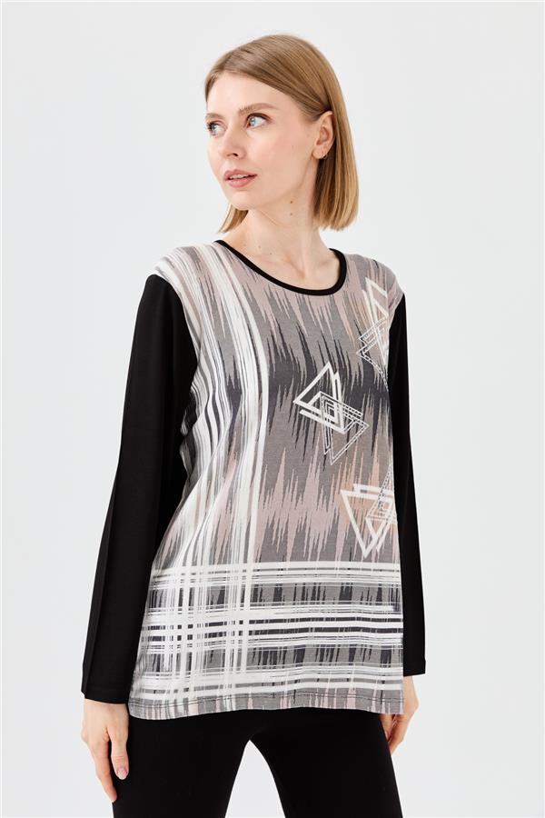 Womens Crew Neck Front Printed Stone Combed Blouse Black