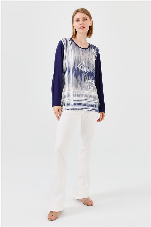 Womens Crew Neck Front Printed Stone Combed Blouse Navy Blue