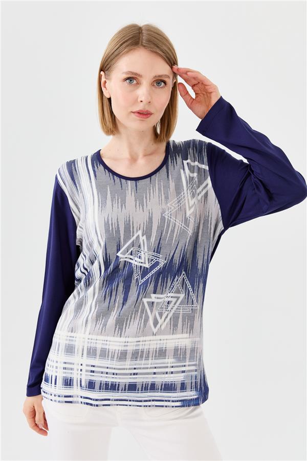 Womens Crew Neck Front Printed Stone Combed Blouse Navy Blue