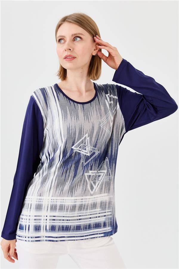 Womens Crew Neck Front Printed Stone Combed Blouse Navy Blue