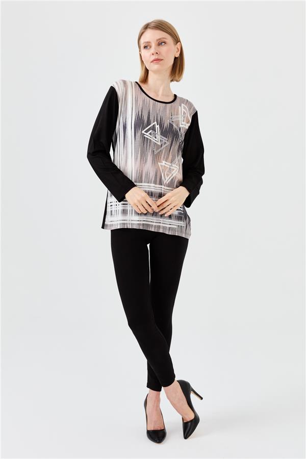 Womens Crew Neck Front Printed Stone Combed Blouse Black