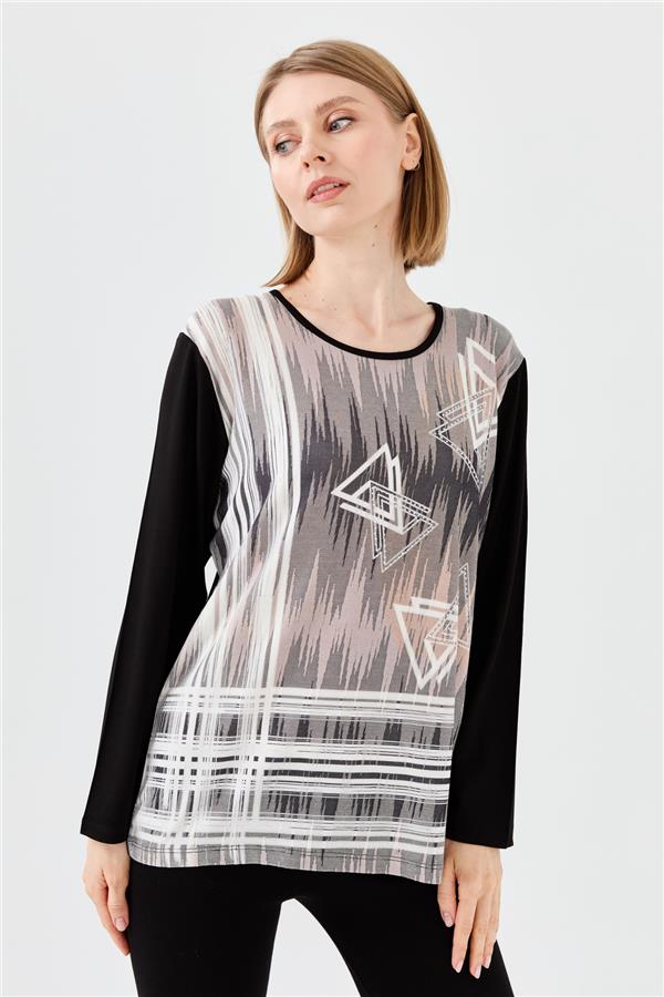 Womens Crew Neck Front Printed Stone Combed Blouse Black