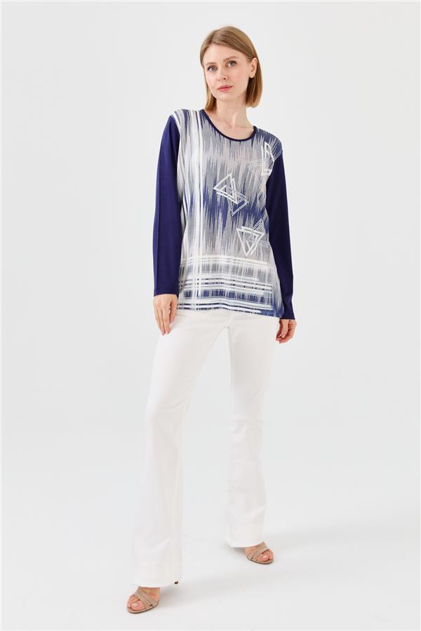 Womens Crew Neck Front Printed Stone Combed Blouse Navy Blue