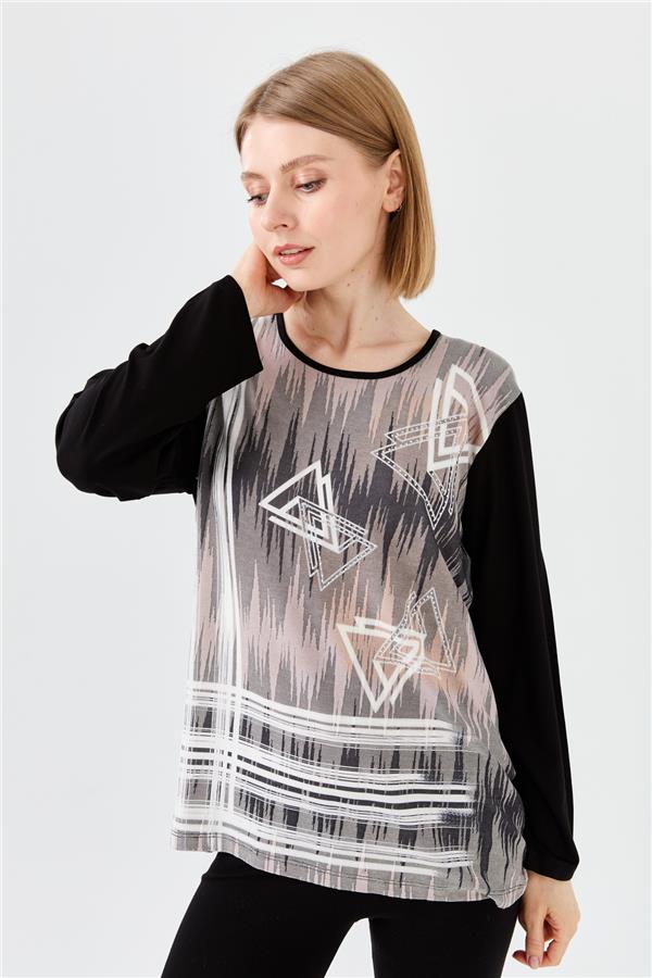 Womens Crew Neck Front Printed Stone Combed Blouse Black