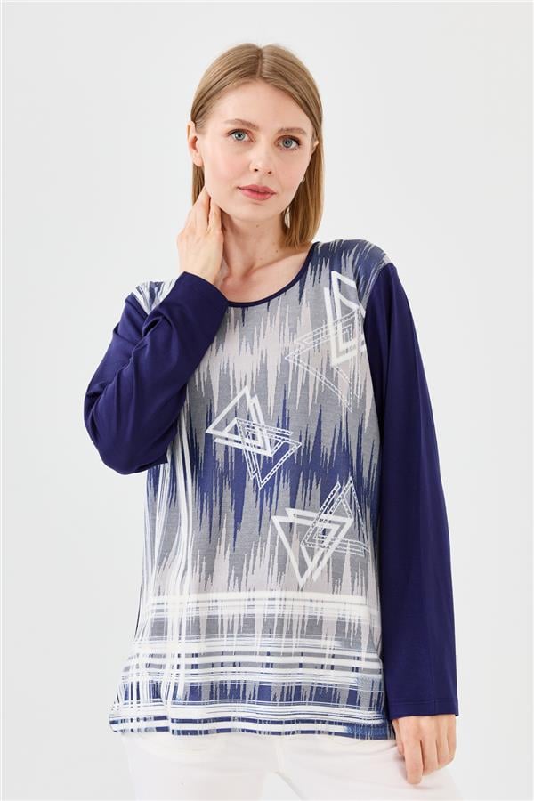 Womens Crew Neck Front Printed Stone Combed Blouse Navy Blue
