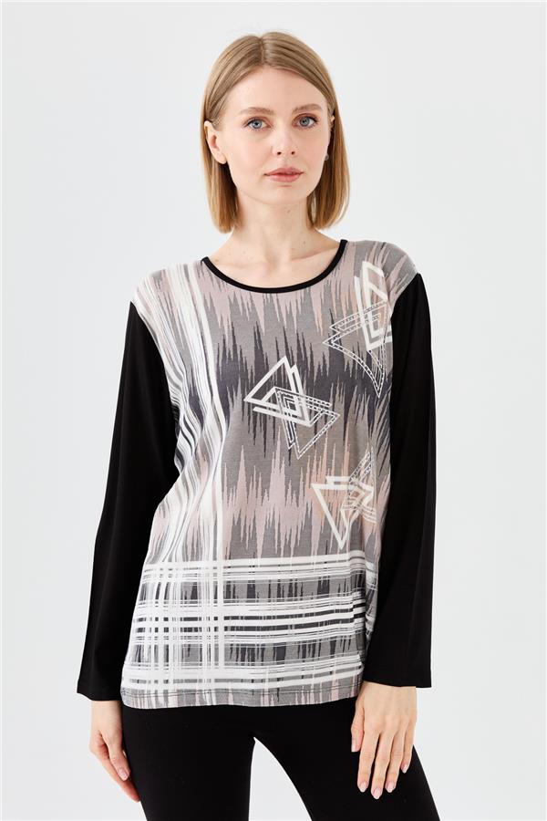 Womens Crew Neck Front Printed Stone Combed Blouse Black