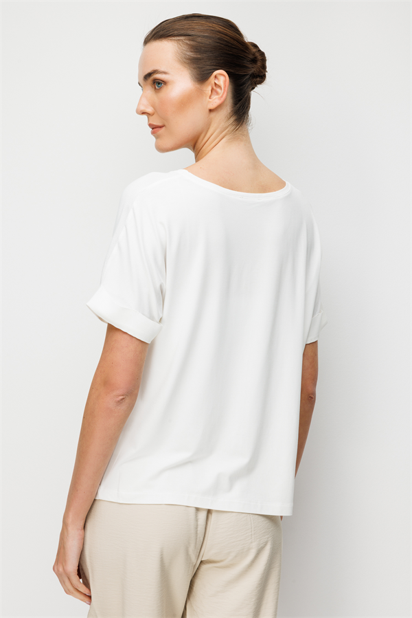 Kadın Sıfır Yaka Önü Boydan Taşlı Düşük Kollu Penye T-shirt Beyaz