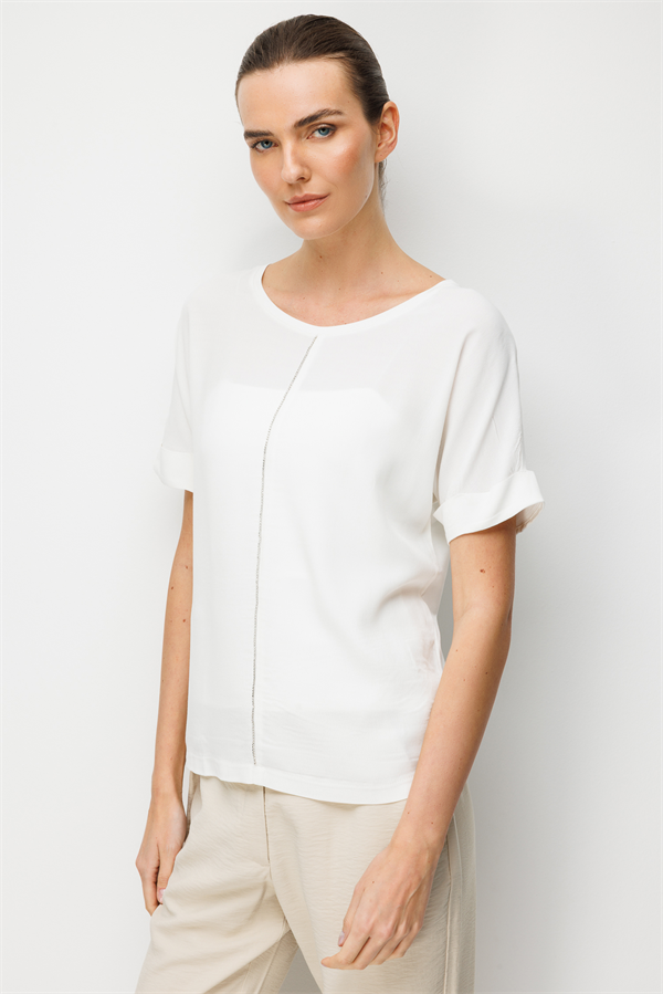 Kadın Sıfır Yaka Önü Boydan Taşlı Düşük Kollu Penye T-shirt Beyaz