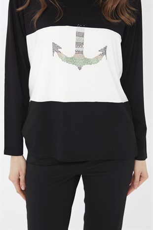 Kadın Sıfır Yaka Önü Çapa İşlemeli Uzun Kol Bluz Siyah