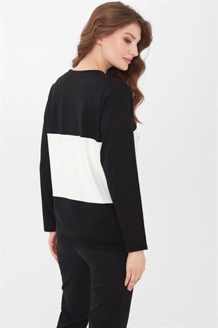 Kadın Sıfır Yaka Önü Çapa İşlemeli Uzun Kol Bluz Siyah
