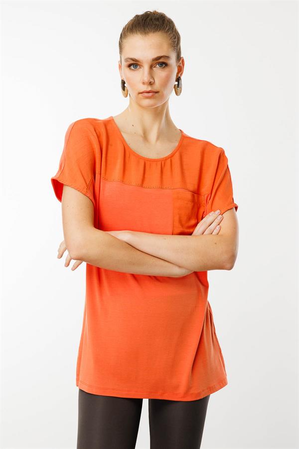 Kadın Sıfır Yaka Önü Cepli Penye T-shirt Oranj