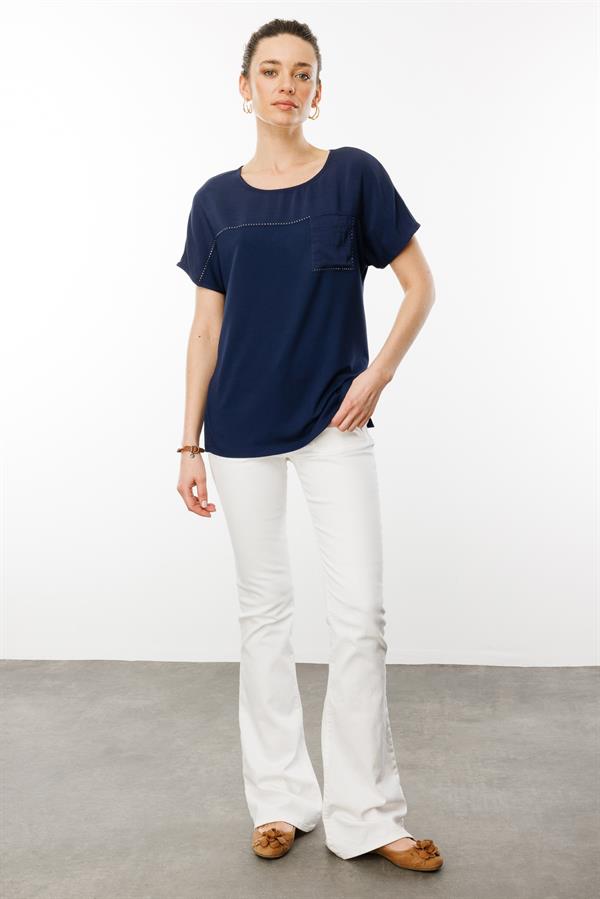 Kadın Sıfır Yaka Önü Cepli Penye T-shirt Lacivert